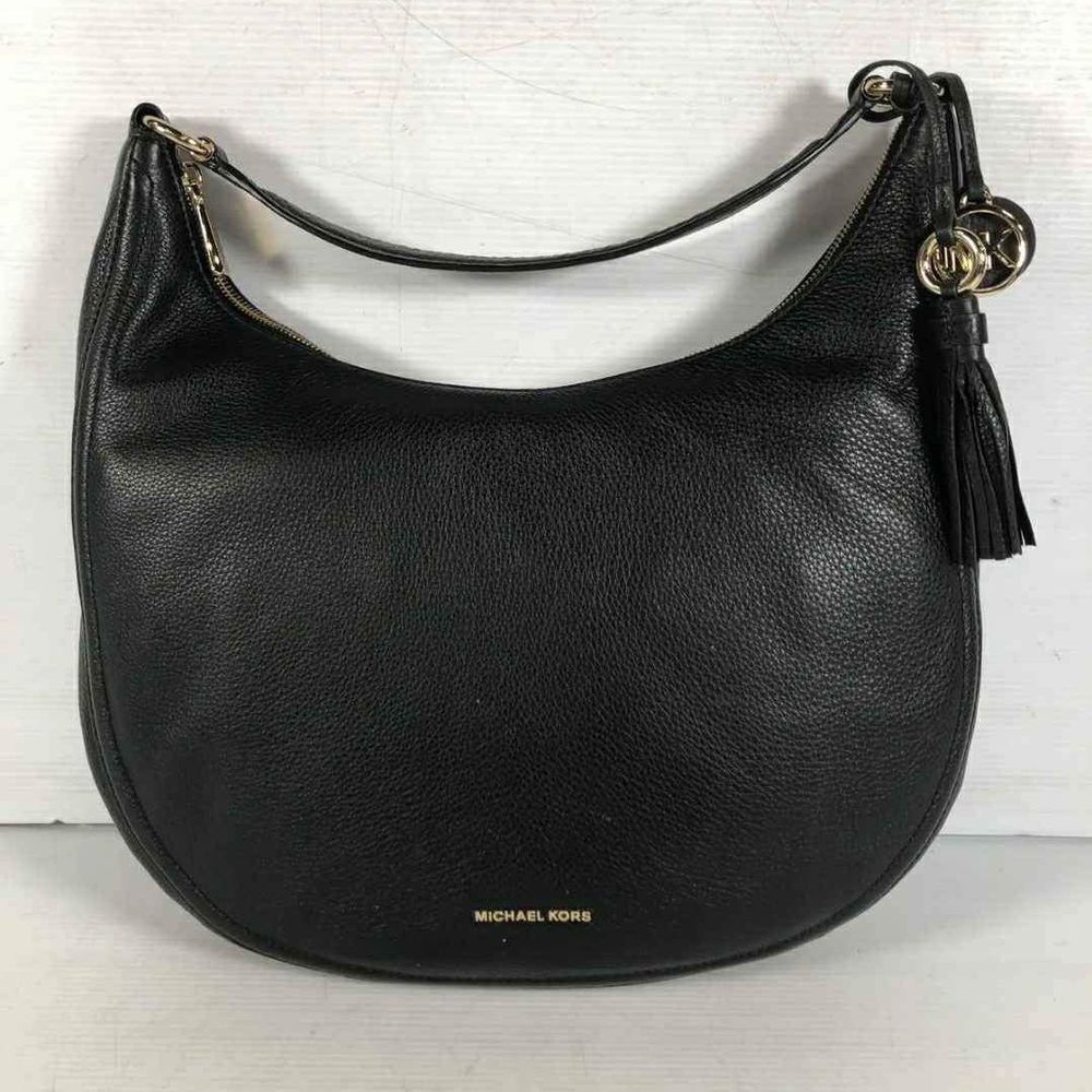 Michael Kors MK Designer Black Leather Lydia Tassel Bucket Hobo Bag Purse